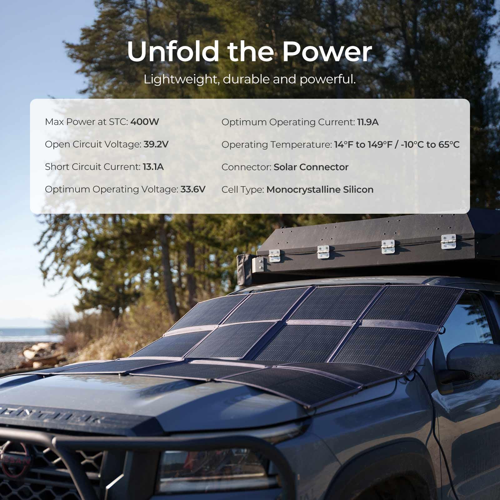 The Renogy 400W Portable Solar Panel Blanket – a 25% efficient N-Type foldable solar charger – is unfolded on the hood of a parked off-road vehicle surrounded by trees and beach scenery. A white overlay highlights key specs, including its 400W maximum power output and advanced monocrystalline silicon cell technology, emphasizing its ideal use for powering power stations, RVs, and off-grid adventures.