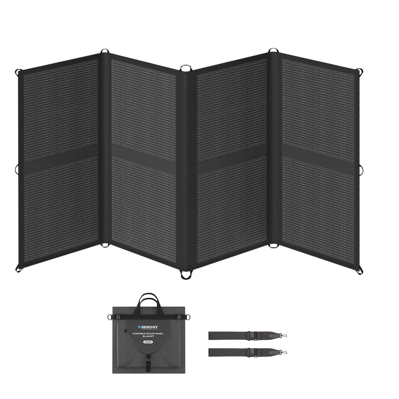 Displayed open on a white background, the Renogy 400W Portable Solar Panel Blanket—featuring sleek, foldable N-Type cells with 25% efficiency—is shown alongside its carrying case and two straps, making it an ideal black solar charger for power stations, RVs, and reliable off-grid use wherever you go.
