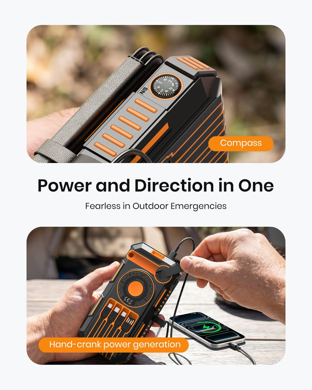 The 50000mAh Solar Power Bank – Magnetic Wireless Charger with Hand Crank, 4 Solar Panels & Built-In Charging Cables is pictured outdoors charging a phone, featuring a built-in compass and hand-crank for emergency power generation. Text highlights its compass and versatile hand-crank capabilities, along with magnetic wireless charging, making this power bank an essential companion for outdoor adventures.