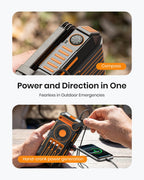 The 50000mAh Solar Power Bank – Magnetic Wireless Charger with Hand Crank, 4 Solar Panels & Built-In Charging Cables is pictured outdoors charging a phone, featuring a built-in compass and hand-crank for emergency power generation. Text highlights its compass and versatile hand-crank capabilities, along with magnetic wireless charging, making this power bank an essential companion for outdoor adventures.