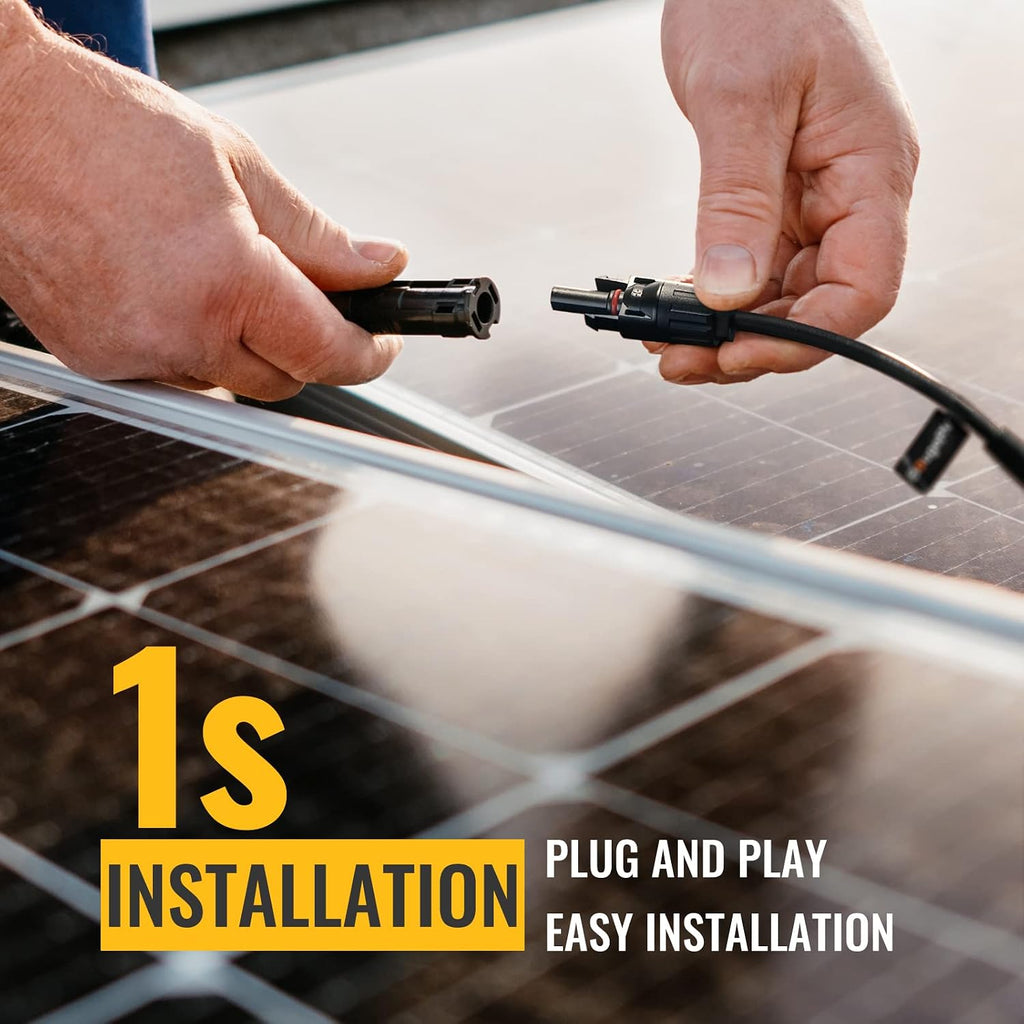Close-up of hands connecting two cables on a solar panel using the BougeRV 1-to-5 Solar Y Branch Connector Cable Kit – MC4 Compatible Parallel PV Adapter, IP67 Waterproof, 30A 1000V, with text: "1s Installation. Plug and play. Easy installation" in yellow and white font.