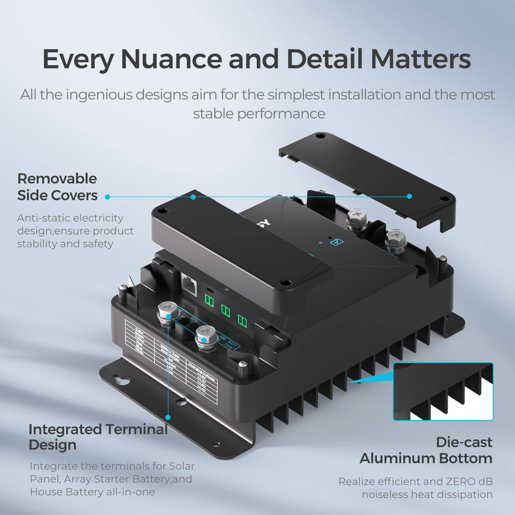 The image displays the Renogy 12V 30A DC to DC Battery Charger with MPPT, a sleek black electronic device featuring removable side covers, an integrated terminal design, and a die-cast aluminum bottom. Shown with one cover partially removed to reveal its connector ports, this unit serves as a smart dual input solar and alternator charger—ideal for managing auxiliary battery charging in various applications, including lithium, AGM, gel, and flooded batteries.