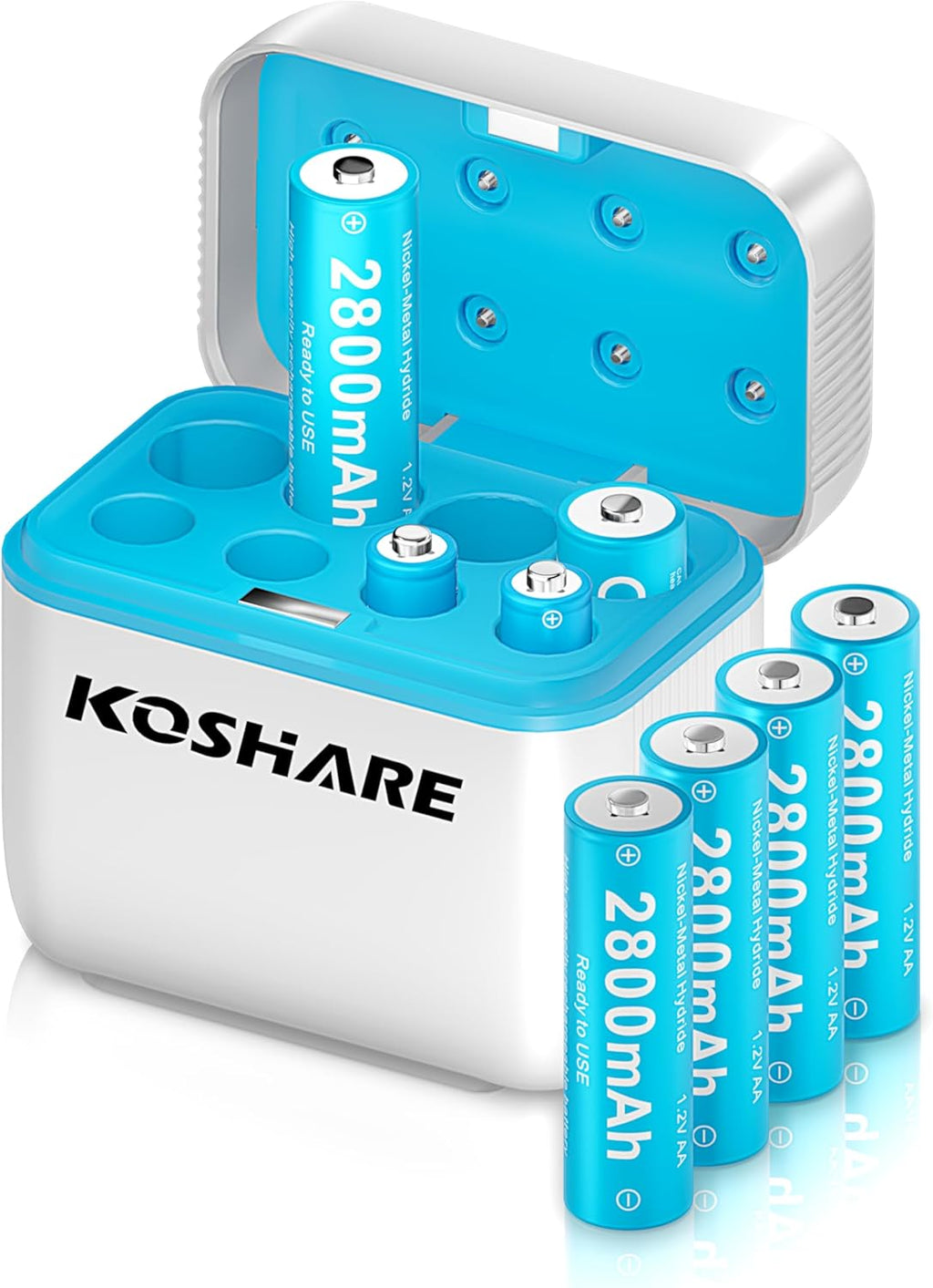 8 Pack Rechargeable Ni-MH Batteries AA with Charger, 1.2V 2800mAh Ni-MH AA Battery,Double A NiMH Battery,Rechargeable up to 800 Times,Pre-Charged (White+Blue, 8AA+8Slot Charger)