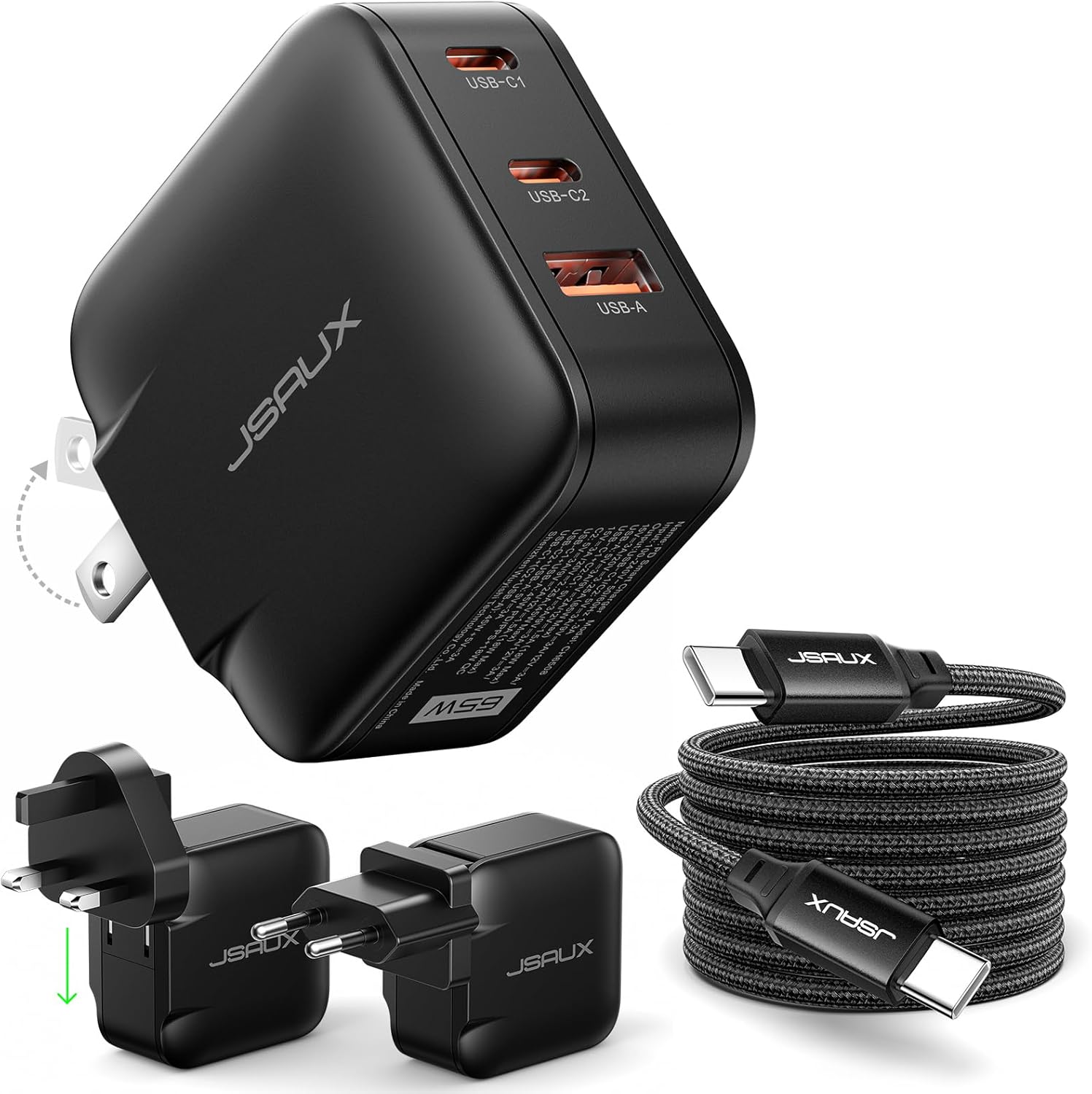 JSAUX 65W USB C Wall Charger, 3-Port GaN Fast Charger Block with Foldable Plug, Includes 6.6FT USB C Cable & UK/EU Travel Plugs, Compact Charger for Laptop, iPhone 17, Galaxy, Switch 2, Steam Deck