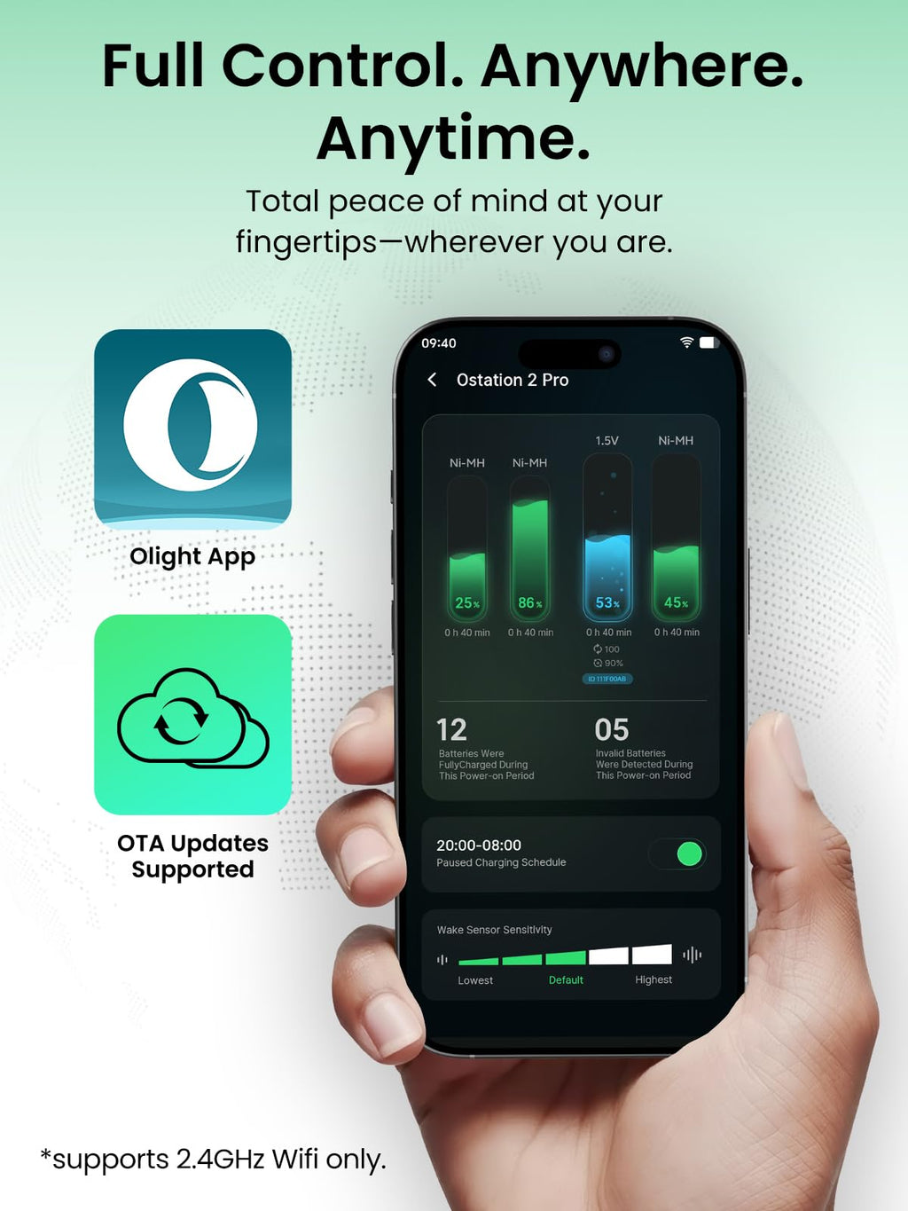 A hand holds a smartphone showing the Olight app with battery and charging info for the Ostation 2 Pro—3-in-1 charger organizer for 12 AA Li-ion & 12 AAA NiMH. Auto-detects, sorts, touch screen/app control. Supports OTA updates via 2.4GHz WiFi only.