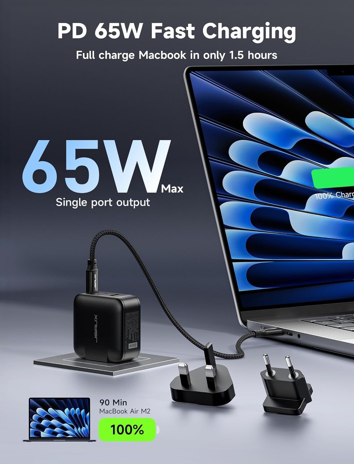 JSAUX 65W USB C Wall Charger, 3-Port GaN Fast Charger Block with Foldable Plug, Includes 6.6FT USB C Cable & UK/EU Travel Plugs, Compact Charger for Laptop, iPhone 17, Galaxy, Switch 2, Steam Deck