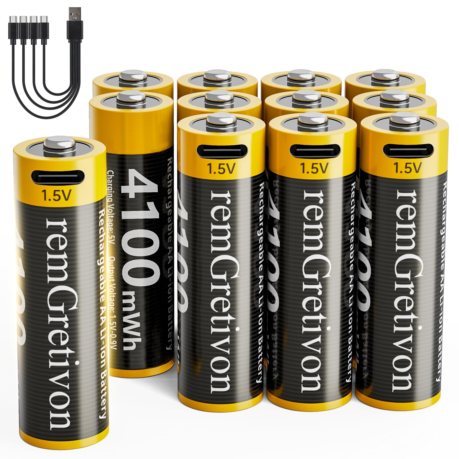 4100mWh USB-C Rechargeable AA Batteries 1.5V Lithium-ion, 4 Pack with USB-C Cable, 1500 Cycles High Capacity AA Lithium Battery for Smart Door Locks, Toys, Flashlights, Keyboards
