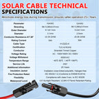 Certainly! Here’s a rewritten version of your sentence using the provided product data: The Vansdon 2x50 Feet Solar Panel Extension Cable—featuring 10AWG solar cable with female and male waterproof connectors—includes a technical specifications chart outlining size, insulation, voltage, temperature range, flexibility, and waterproof level. Cable connector images are displayed at the bottom against a vibrant blue and red background for clear visual reference.