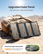 A 50000mAh Solar Power Bank – Magnetic Wireless Charger with Hand Crank, 4 Solar Panels & Built-In Charging Cables rests on a rock in the desert beside a backpack. Orange arrows illustrate the sunlight striking its four solar panels. On-screen text highlights the power bank’s 400% improved light-to-power conversion efficiency, ensuring you stay powered up and ready for every adventure.