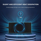 A black, rectangular Renogy Smart LiFePO₄ Battery Charger – 12V 20A / 24V 10A AC-to-DC Portable Charger with alligator clips and ring terminals rests on a glowing platform highlighted by blue swirling lines. Its silent, fanless design ensures efficient heat dissipation, emphasized by the text: "Silent and efficient heat dissipation. 0 dB." Ideal for LiFePO₄ battery charging with advanced 3-stage charging technology.