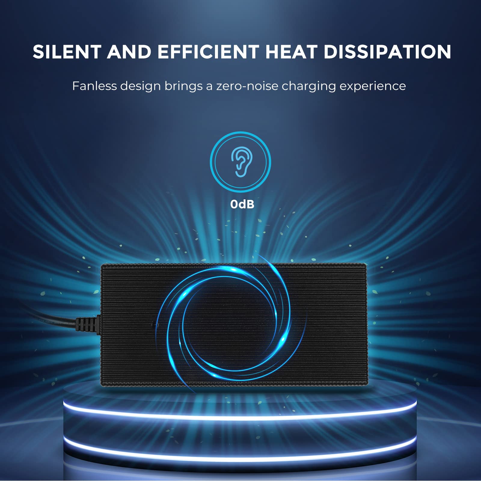 A black, rectangular Renogy Smart LiFePO₄ Battery Charger – 12V 20A / 24V 10A AC-to-DC Portable Charger with alligator clips and ring terminals rests on a glowing platform highlighted by blue swirling lines. Its silent, fanless design ensures efficient heat dissipation, emphasized by the text: "Silent and efficient heat dissipation. 0 dB." Ideal for LiFePO₄ battery charging with advanced 3-stage charging technology.