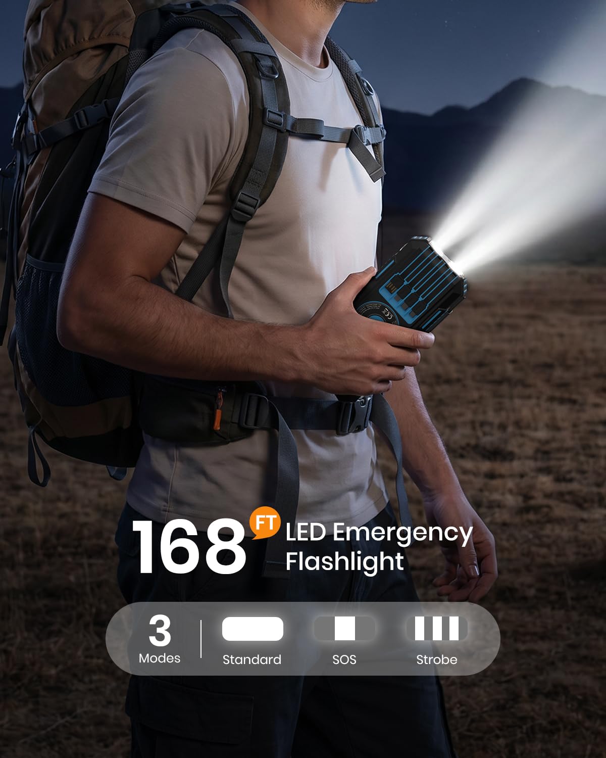 At dusk, a person outdoors shines a brilliant LED emergency flashlight powered by the 50000mAh Solar Power Bank – Magnetic Wireless Charger with Hand Crank, 4 Solar Panels & Built-In Charging Cables, lighting up the path ahead. On-screen text reads: “168 FT LED Emergency Flashlight” and “3 Modes: Standard, SOS, Strobe.”.