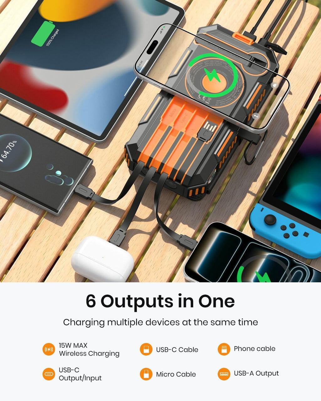 The 50000mAh Solar Power Bank – Magnetic Wireless Charger with Hand Crank, 4 Solar Panels & Built-In Charging Cables powers your smartwatch, phone, tablet, wireless earbuds, and game console simultaneously with multiple outputs—including USB-C, USB-A, and magnetic wireless charging—shown on a wooden surface. Perfect as an emergency power bank or solar charger for all your devices.