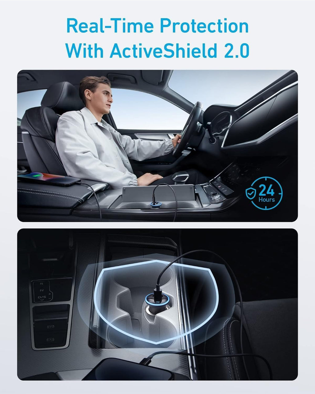 A person in a white coat sits in a car next to a console where the Anker 323 Car Charger (52.5 W) is plugged in. Below, a close-up features the charger emitting a blue shield and text: "Real-Time Protection With ActiveShield 2.0" and "24 Hours.
