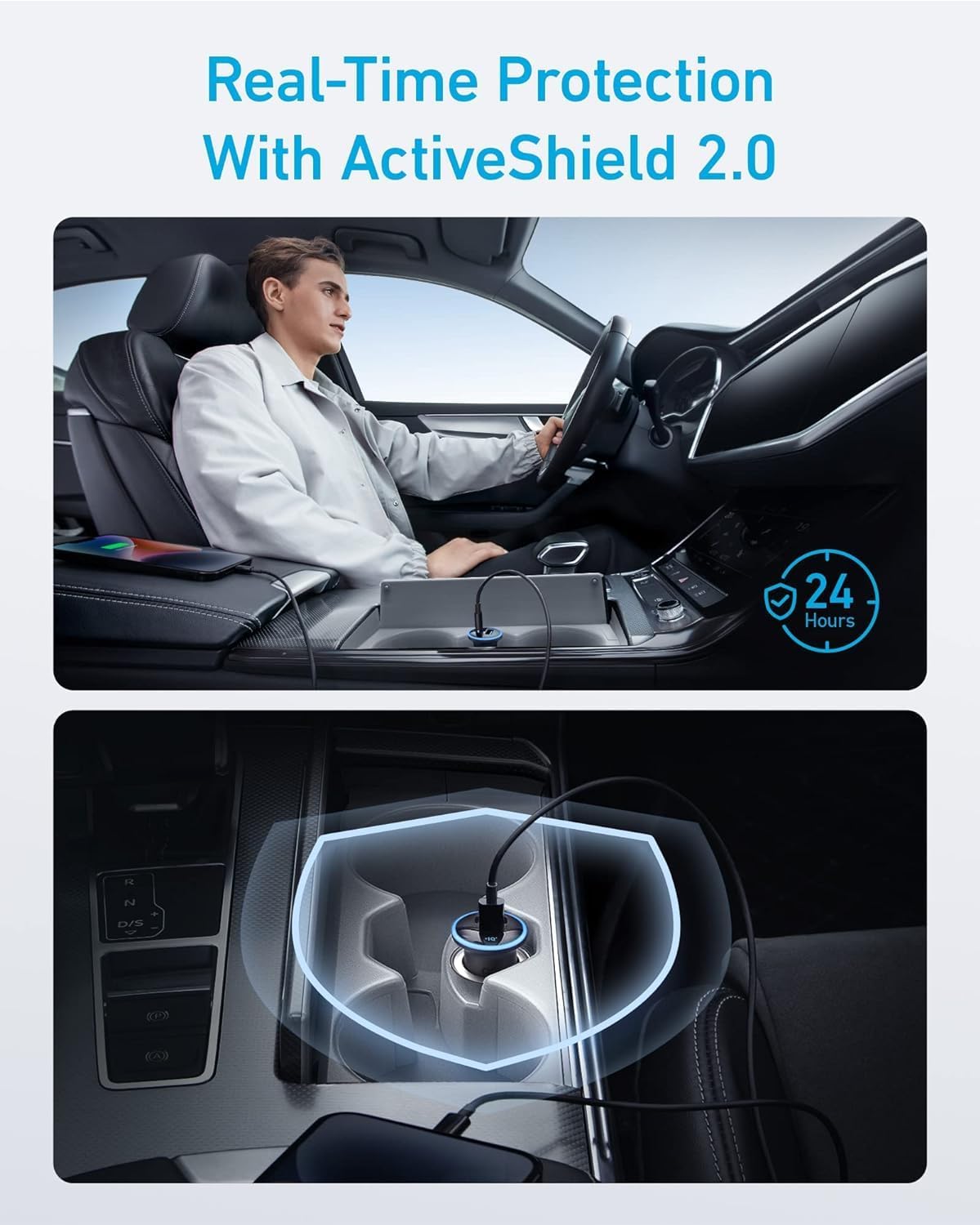 A person in a white coat sits in a car next to a console where the Anker 323 Car Charger (52.5 W) is plugged in. Below, a close-up features the charger emitting a blue shield and text: "Real-Time Protection With ActiveShield 2.0" and "24 Hours.