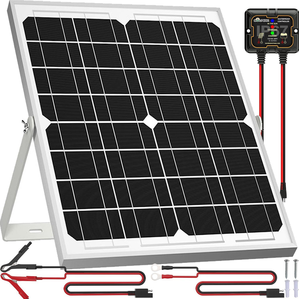 A Solar Panel Kit 20W 12V, including a waterproof monocrystalline solar battery trickle charger maintainer in black and white, a smart MPPT controller, connecting cables, clamps, and an adjustable mount bracket for boats, cars, RVs, motorcycles, marine vehicles, and automotive use—all displayed against a white background.
