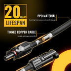 Close-up of the BougeRV 1-to-5 Solar Y Branch Connector Cable Kit—an MC4 compatible parallel PV adapter made with tinned copper cable and durable PPO material for enhanced safety and longevity, featuring an IP67 waterproof rating, a 20-year lifespan, and the ability to connect up to five solar panels using either standard MC4 connectors or a Y branch connection; rated for 30A and up to 1000V.