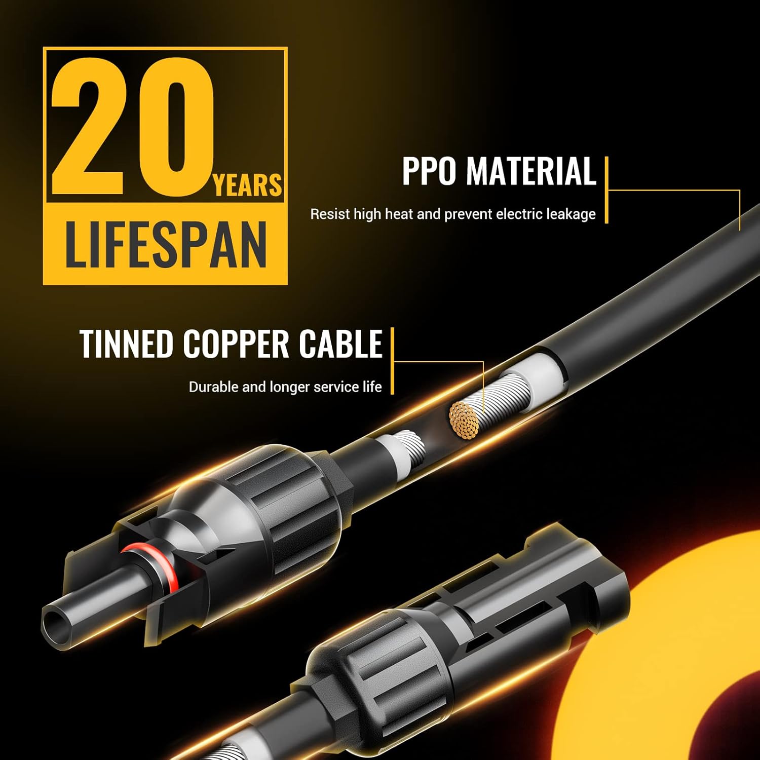 Close-up of the BougeRV 1-to-5 Solar Y Branch Connector Cable Kit—an MC4 compatible parallel PV adapter made with tinned copper cable and durable PPO material for enhanced safety and longevity, featuring an IP67 waterproof rating, a 20-year lifespan, and the ability to connect up to five solar panels using either standard MC4 connectors or a Y branch connection; rated for 30A and up to 1000V.