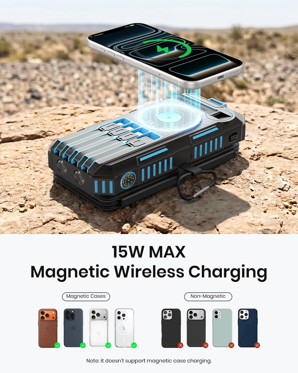 The 50000mAh Solar Power Bank – Magnetic Wireless Charger with Hand Crank, 4 Solar Panels & Built-In Charging Cables can wirelessly charge your smartphone using magnetic alignment, making magnetic wireless charging convenient even outdoors on rocks. Below are icons illustrating the difference between compatible magnetic cases and incompatible non-magnetic cases for charging, highlighting the device’s versatility as an emergency power bank.
