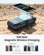 The 50000mAh Solar Power Bank – Magnetic Wireless Charger with Hand Crank, 4 Solar Panels & Built-In Charging Cables can wirelessly charge your smartphone using magnetic alignment, making magnetic wireless charging convenient even outdoors on rocks. Below are icons illustrating the difference between compatible magnetic cases and incompatible non-magnetic cases for charging, highlighting the device’s versatility as an emergency power bank.