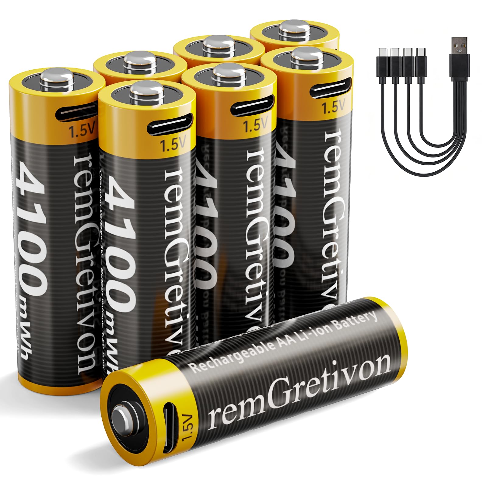4100mWh USB-C Rechargeable AA Batteries 1.5V Lithium-ion, 4 Pack with USB-C Cable, 1500 Cycles High Capacity AA Lithium Battery for Smart Door Locks, Toys, Flashlights, Keyboards
