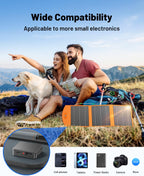 A man, woman, and dog relax outdoors beside the 30W Portable Foldable Solar Charger – a USB-C & USB-A fast charging solar panel that's compatible with phones, tablets, power banks, and cameras.
