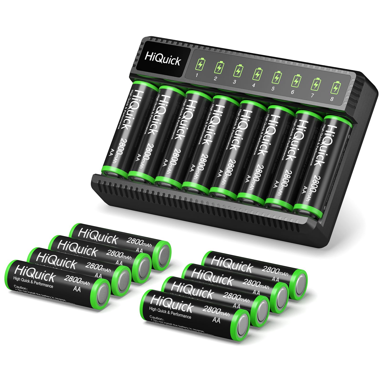 HiQuick 8-Bay Smart Charger with AA AAA Rechargeable Battery, 4 X 2800mAh AA & 4 X1100mAh AAA Batteries – Fast Charging for Home Camera Devices