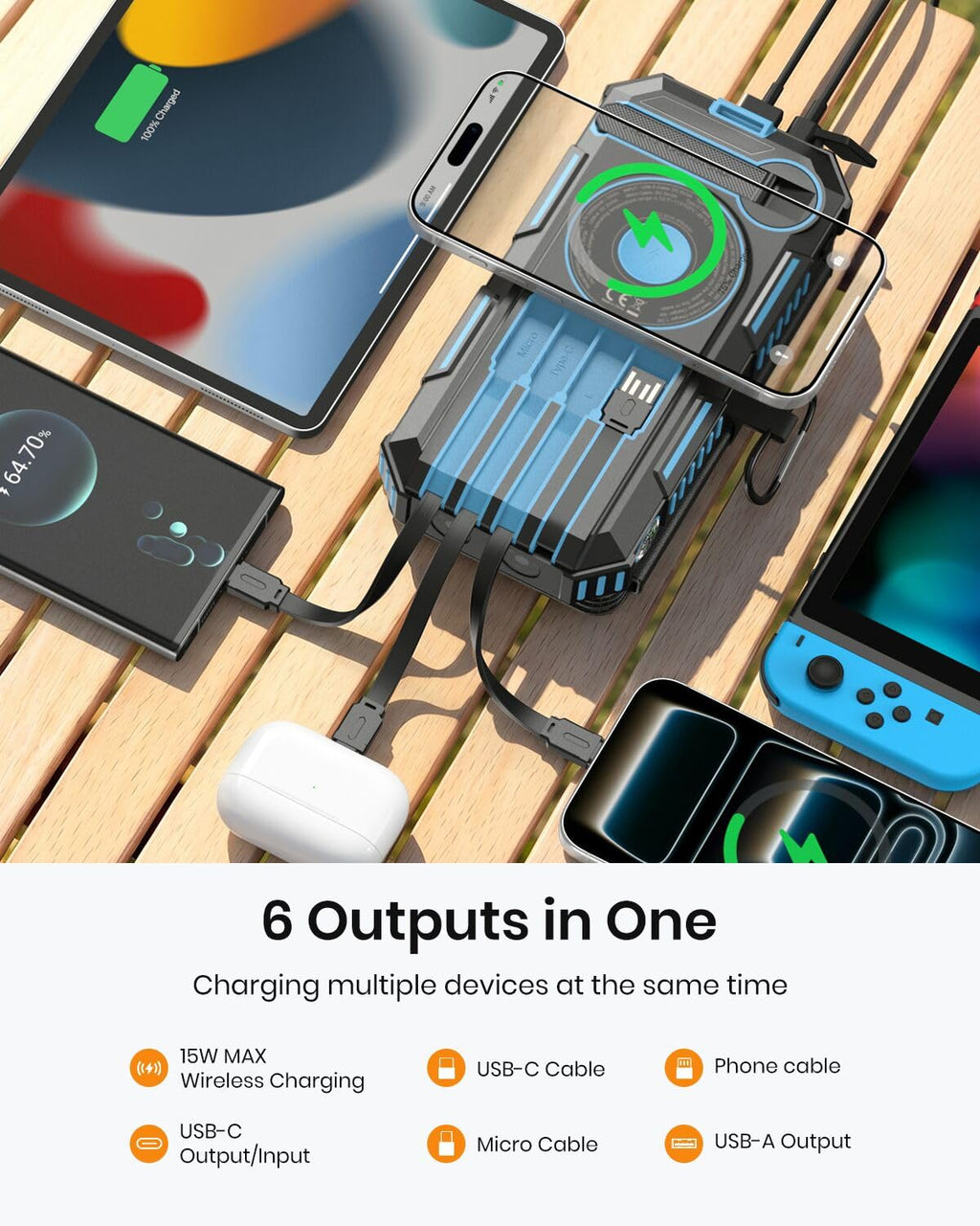 The 50000mAh Solar Power Bank – Magnetic Wireless Charger with Hand Crank, 4 Solar Panels & Built-In Charging Cables features “6 Outputs in One,” allowing you to charge phones, a tablet, smartwatch, wireless earbuds, and a gaming console with its variety of charging ports and convenient magnetic wireless charging. This makes it the perfect emergency power bank to keep all your gadgets charged wherever you go.