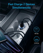 An Anker 323 Car Charger (52.5 W) with two cables plugged in sits in a car’s cupholder. Blue text reads “Fast Charge 2 Devices Simultaneously,” with icons showing 30W max and 22.5W max fast charging outputs.