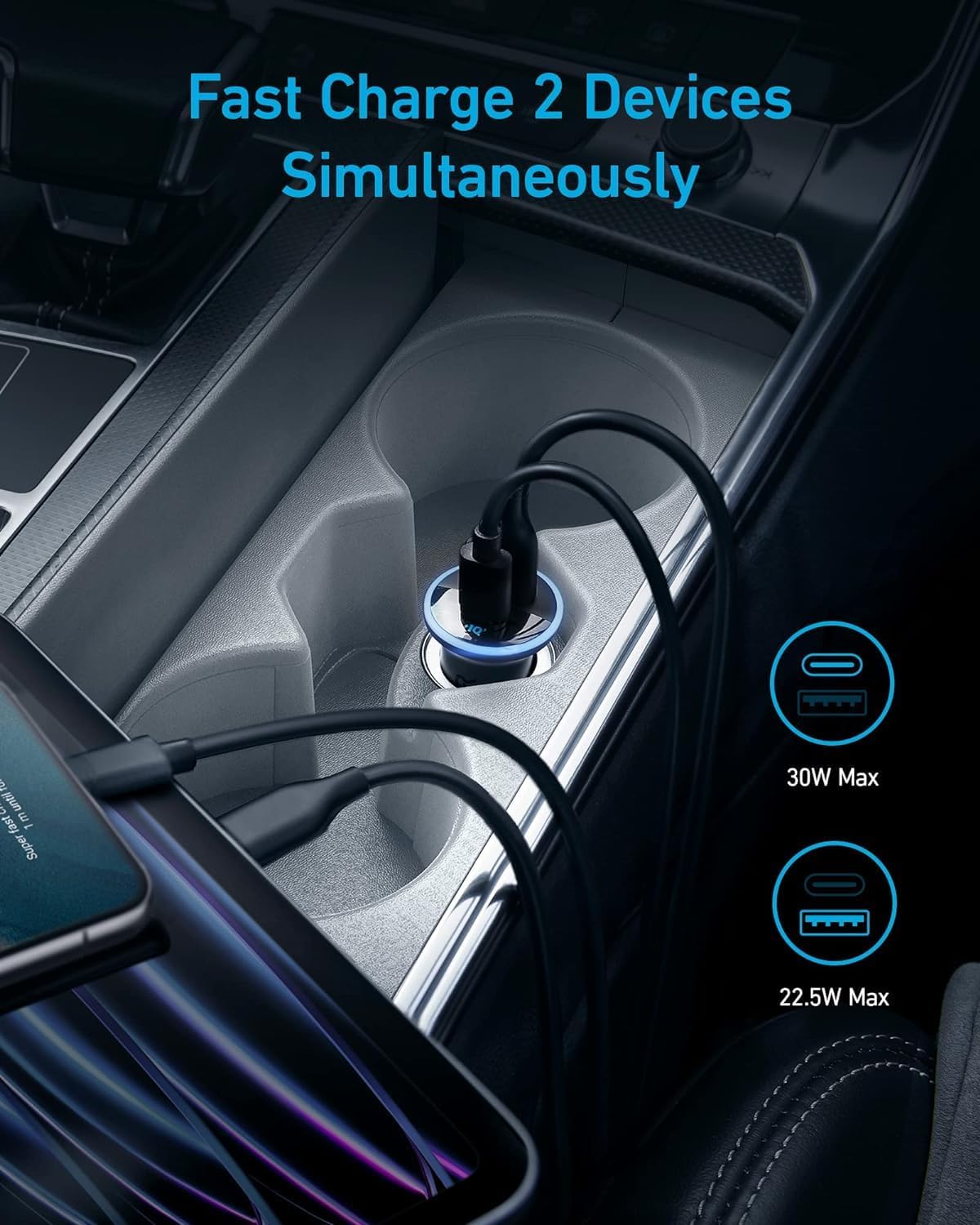 An Anker 323 Car Charger (52.5 W) with two cables plugged in sits in a car’s cupholder. Blue text reads “Fast Charge 2 Devices Simultaneously,” with icons showing 30W max and 22.5W max fast charging outputs.