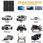 Grid image featuring the Solar Panel Kit 20W 12V—Waterproof Solar Battery Trickle Charger Maintainer with a Smart MPPT Controller and Adjustable Mount Bracket—pictured next to a car, RV, boat, pickup, ATV, motorcycle, trailer, campervan, and water pump. This kit efficiently charges and maintains 12V batteries for various vehicles and equipment year-round.