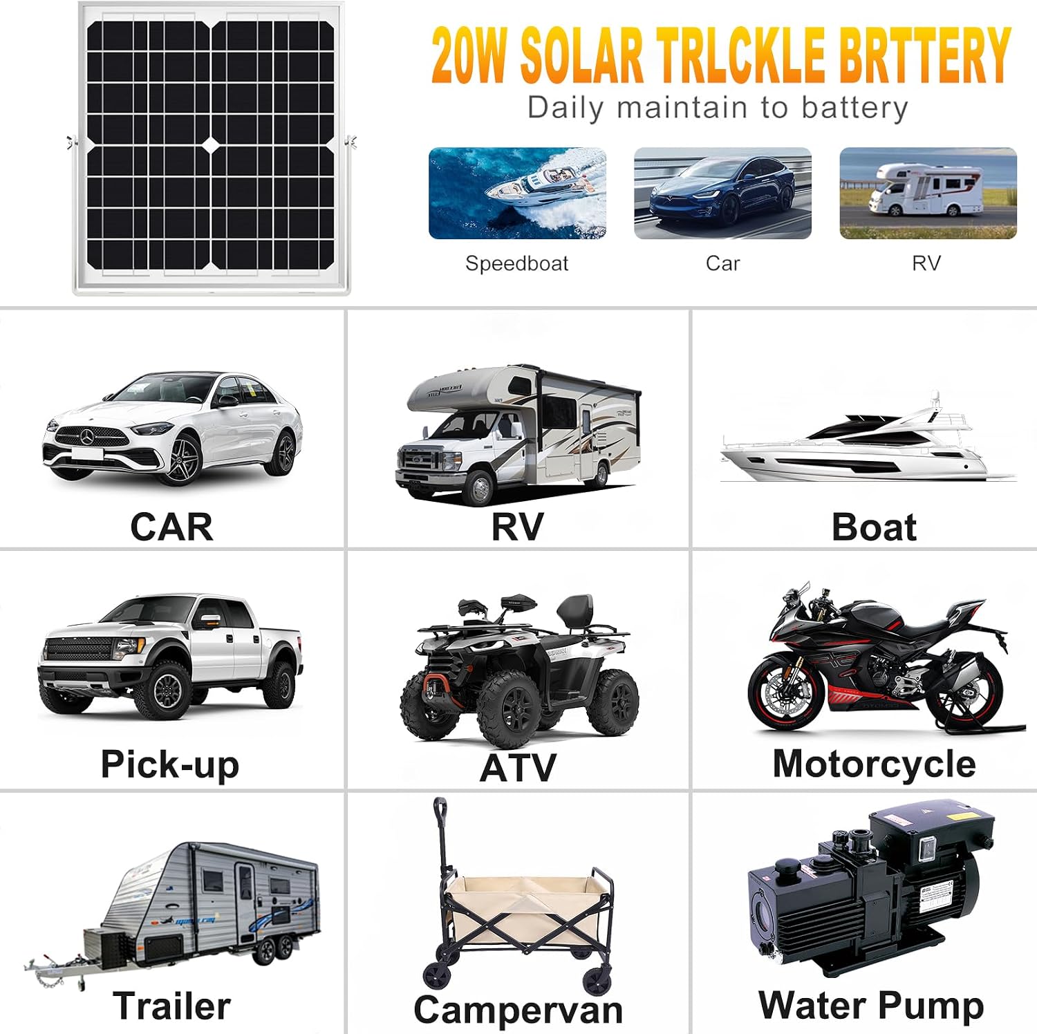Grid image featuring the Solar Panel Kit 20W 12V—Waterproof Solar Battery Trickle Charger Maintainer with a Smart MPPT Controller and Adjustable Mount Bracket—pictured next to a car, RV, boat, pickup, ATV, motorcycle, trailer, campervan, and water pump. This kit efficiently charges and maintains 12V batteries for various vehicles and equipment year-round.