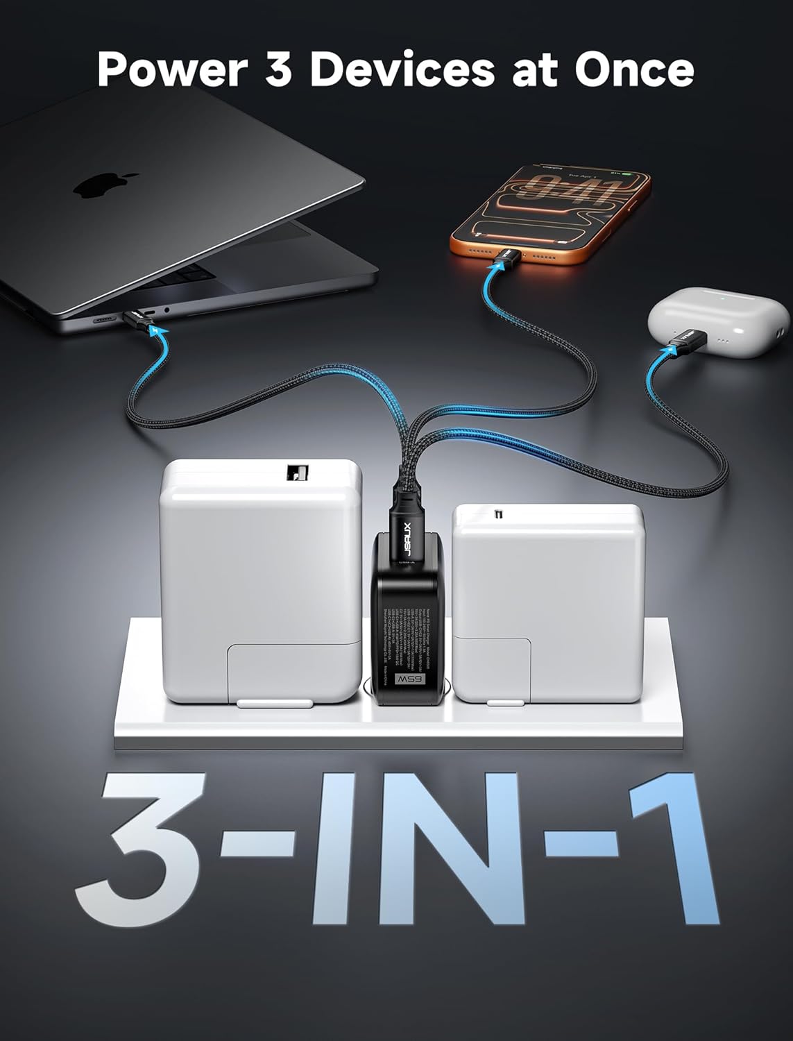 JSAUX 65W USB C Wall Charger, 3-Port GaN Fast Charger Block with Foldable Plug, Includes 6.6FT USB C Cable & UK/EU Travel Plugs, Compact Charger for Laptop, iPhone 17, Galaxy, Switch 2, Steam Deck