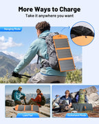 A person hiking with the 30W Portable Foldable Solar Charger – USB-C & USB-A Fast Charging Solar Panel for Phones, Tablets & Power Banks attached to their backpack, plus smaller images showing the charger laid flat and propped up outdoors with its kickstand—perfect for efficient solar charging during camping and outdoor adventures.