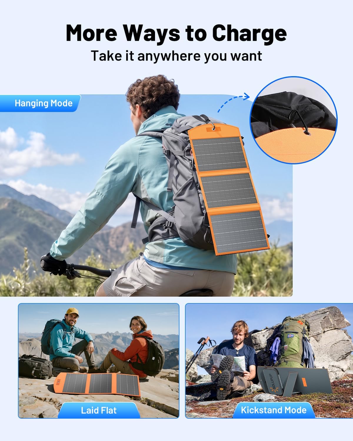 A person hiking with the 30W Portable Foldable Solar Charger – USB-C & USB-A Fast Charging Solar Panel for Phones, Tablets & Power Banks attached to their backpack, plus smaller images showing the charger laid flat and propped up outdoors with its kickstand—perfect for efficient solar charging during camping and outdoor adventures.