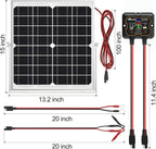Introducing the Solar Panel Kit 20W 12V: a monocrystalline, waterproof solar battery trickle charger maintainer featuring smart MPPT controller and an adjustable mount bracket—ideal for boats, cars, RVs, motorcycles, marine, and automotive use. The panel's compact size of 15 x 13.2 inches makes it perfect for maintaining your 12V battery. Installation is hassle-free with clearly labeled wires in lengths of 100, 20, and 11.4 inches.