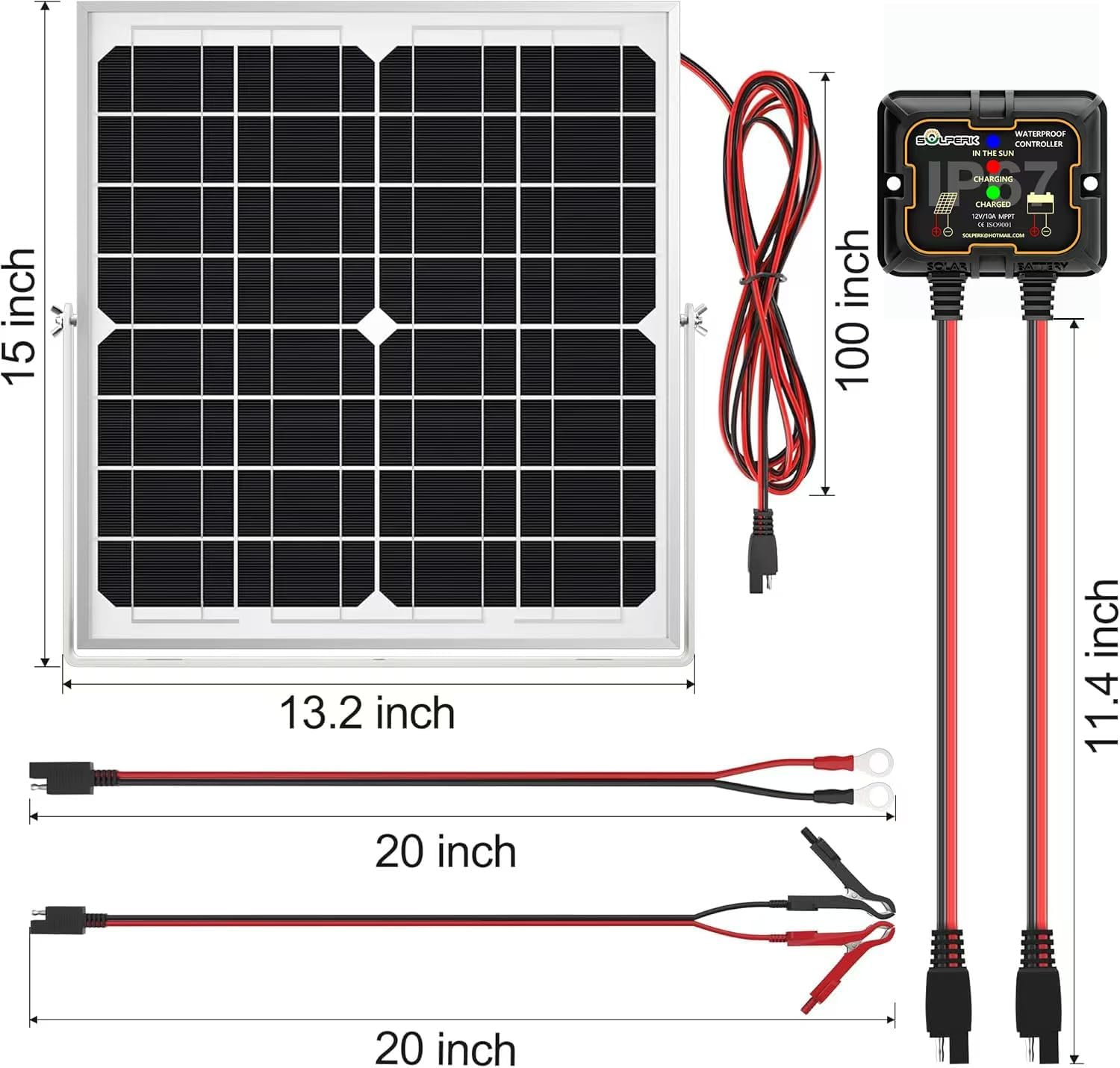Introducing the Solar Panel Kit 20W 12V: a monocrystalline, waterproof solar battery trickle charger maintainer featuring smart MPPT controller and an adjustable mount bracket—ideal for boats, cars, RVs, motorcycles, marine, and automotive use. The panel's compact size of 15 x 13.2 inches makes it perfect for maintaining your 12V battery. Installation is hassle-free with clearly labeled wires in lengths of 100, 20, and 11.4 inches.