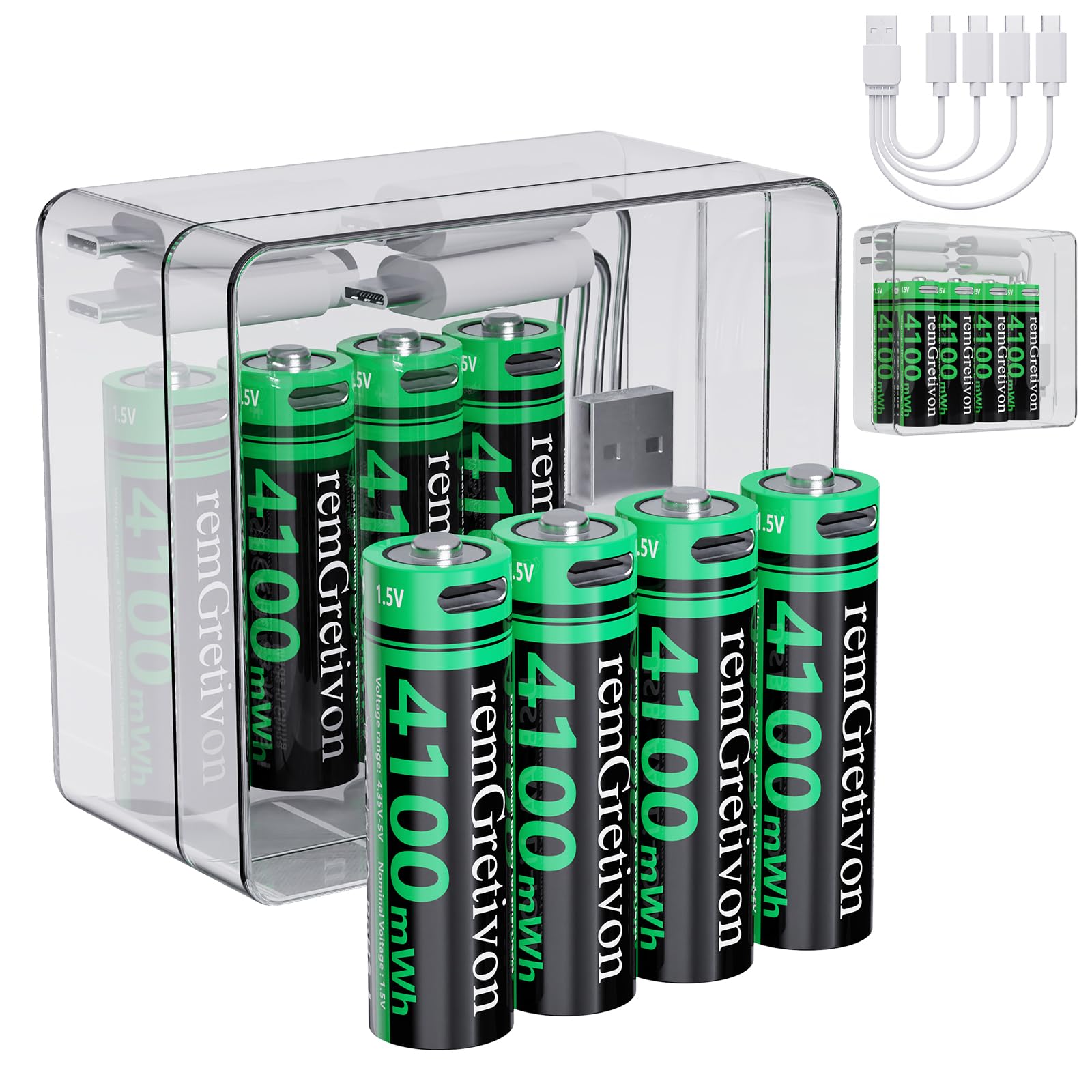 4100mWh USB-C Rechargeable AA Batteries 1.5V Lithium-ion, 4 Pack with USB-C Cable, 1500 Cycles High Capacity AA Lithium Battery for Smart Door Locks, Toys, Flashlights, Keyboards