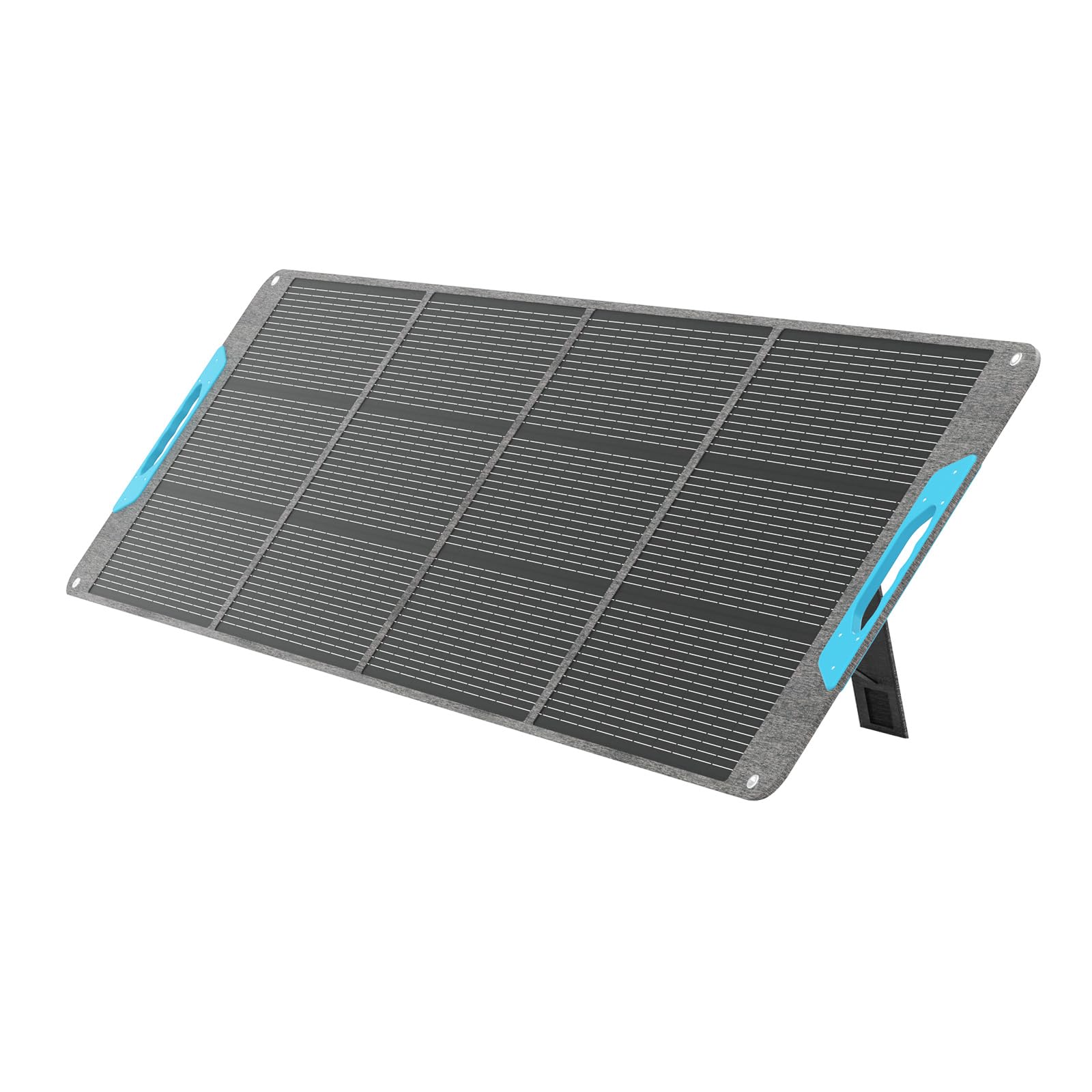 The Renogy 200W Portable Foldable Solar Panel, featuring a gray frame with blue corner accents and an integrated kickstand, is angled for optimal sunlight exposure against a white background. This high-efficiency N-Type solar charger offers up to 25% conversion efficiency and includes USB-C PD, USB-A, and MC4 outputs for charging power stations, RVs, camping gear, or off-grid devices.