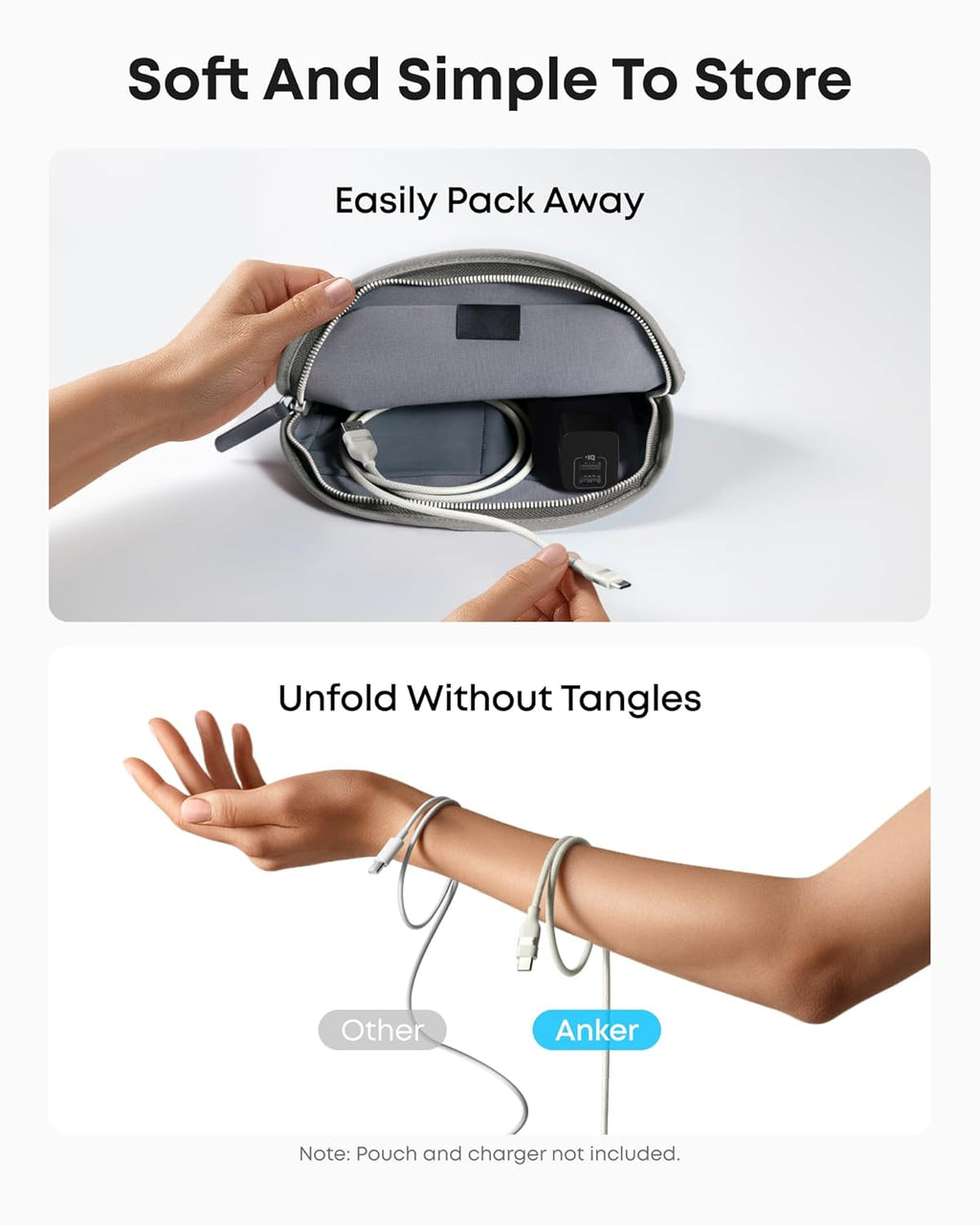 Top: A hand packs several electronic accessories into a gray zippered pouch made from recycled materials. Bottom: Two charging cables are wrapped around an arm; one is tangled, while the Anker USB-A to USB-C Cable (Upcycled-Braided) is untangled and ready to use.