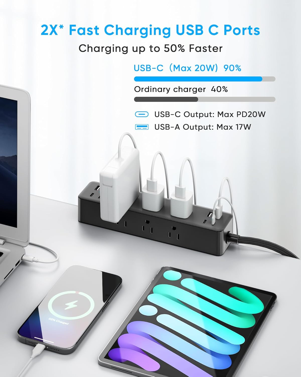 17-In-1 Desk Clamp Power Strip with 40W Fast Charging Station,  10Ft Flat Plug 1200J Surge Protector, 9 AC Outlets 8 USB Ports(4 USB C), Desk Outlet for Home Office, Fit 1.7" Tabletop Edge