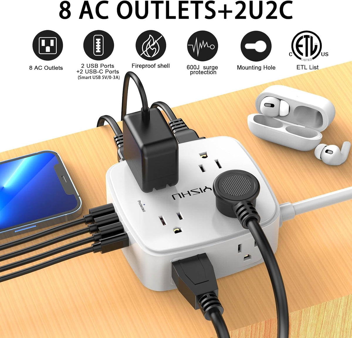 8-Outlet Surge Protector Power Strip with USB – 600 Joules, 4 USB Charging Ports, 6 ft Flat Plug Extension Cord, Wall Mount, White - Dynamic Power Supply - Power Strip