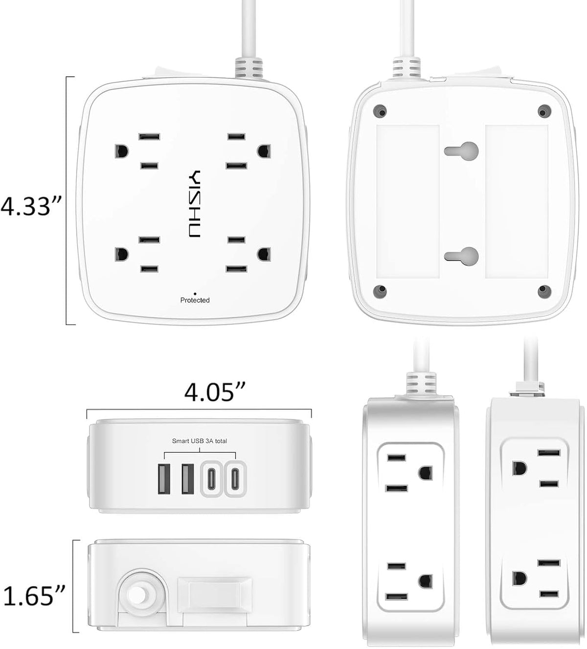 8-Outlet Surge Protector Power Strip with USB – 600 Joules, 4 USB Charging Ports, 6 ft Flat Plug Extension Cord, Wall Mount, White - Dynamic Power Supply - Power Strip