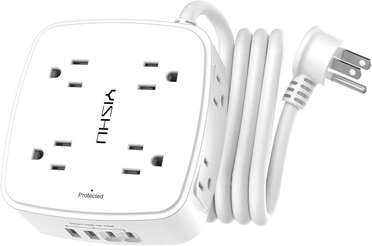 8-Outlet Surge Protector Power Strip with USB – 600 Joules, 4 USB Charging Ports, 6 ft Flat Plug Extension Cord, Wall Mount, White - Dynamic Power Supply - Power Strip