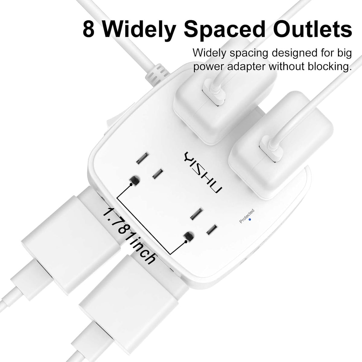 8-Outlet Surge Protector Power Strip with USB – 600 Joules, 4 USB Charging Ports, 6 ft Flat Plug Extension Cord, Wall Mount, White - Dynamic Power Supply - Power Strip