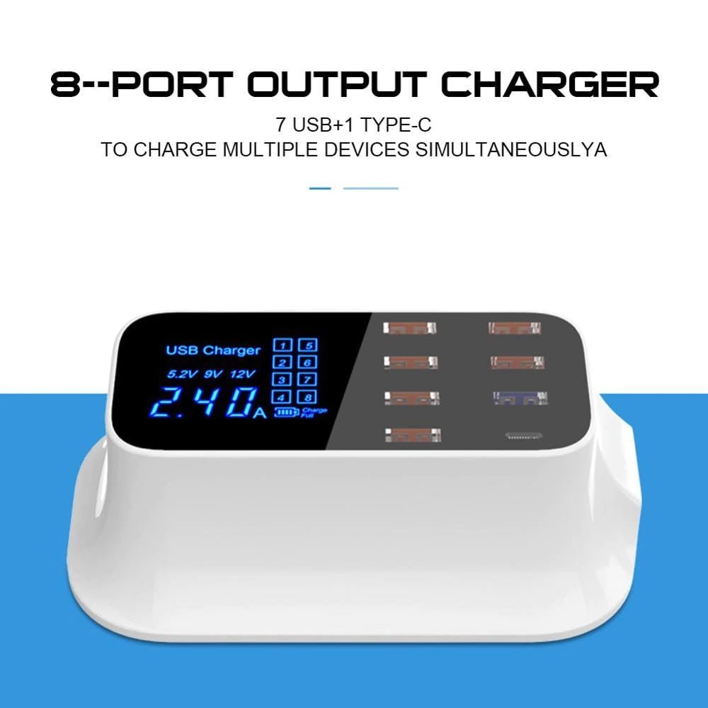 8-Port USB Charger Station with USB-C — 110-240V Multi-Device Desktop Charging - Dynamic Power Supply - Desktop Charging Station