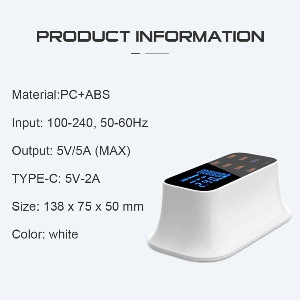 8-Port USB Charger Station with USB-C — 110-240V Multi-Device Desktop Charging - Dynamic Power Supply - Desktop Charging Station