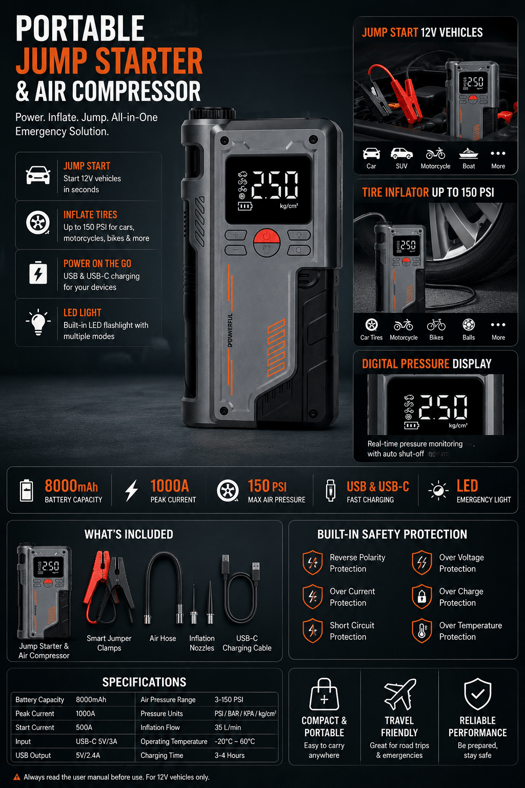 8000mAh Portable Jump Starter & Air Compressor w/ USB-C - Dynamic Power Supply - Tools > Air Compressor > Air Compressors