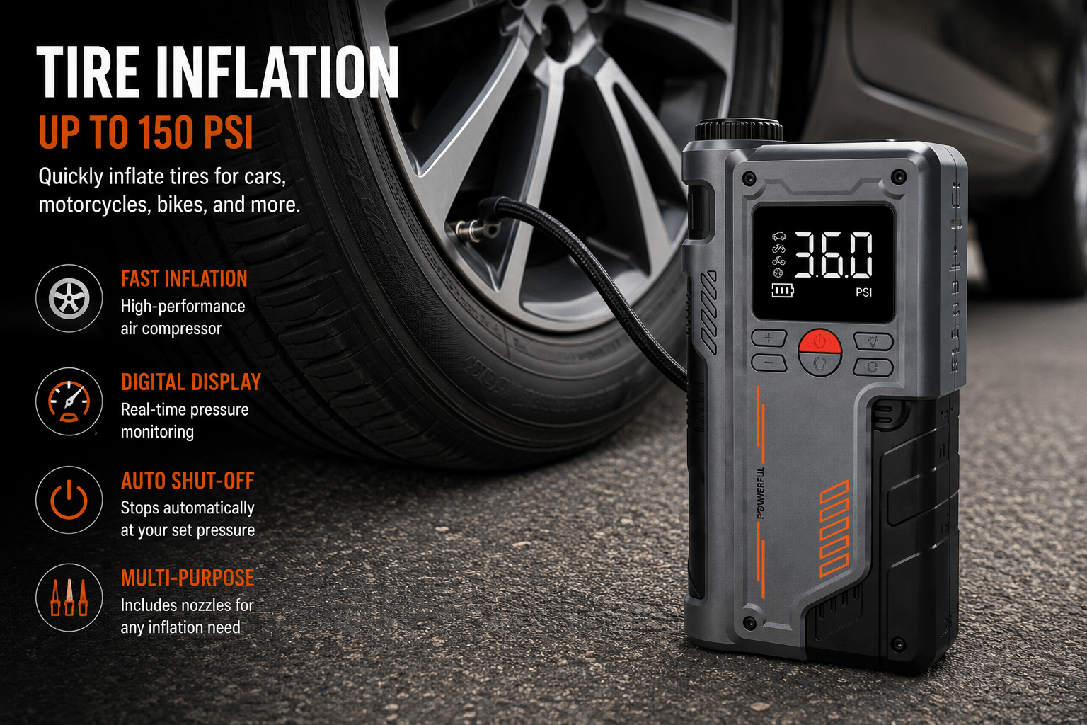 8000mAh Portable Jump Starter & Air Compressor w/ USB-C - Dynamic Power Supply - Tools > Air Compressor > Air Compressors