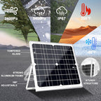 The Solar Panel Kit 20W 12V is displayed outdoors, featuring 2400Pa wind resistance, a 5400Pa snow load rating, and IP67 waterproof protection. It operates reliably from -50°F to 200°F and is constructed with tempered glass and a durable aluminum frame, along with an adjustable mount bracket for up to 180° positioning. For optimal performance and efficient energy conversion in your boat, car, RV, motorcycle, marine or automotive applications, use it together with the included smart MPPT controller.